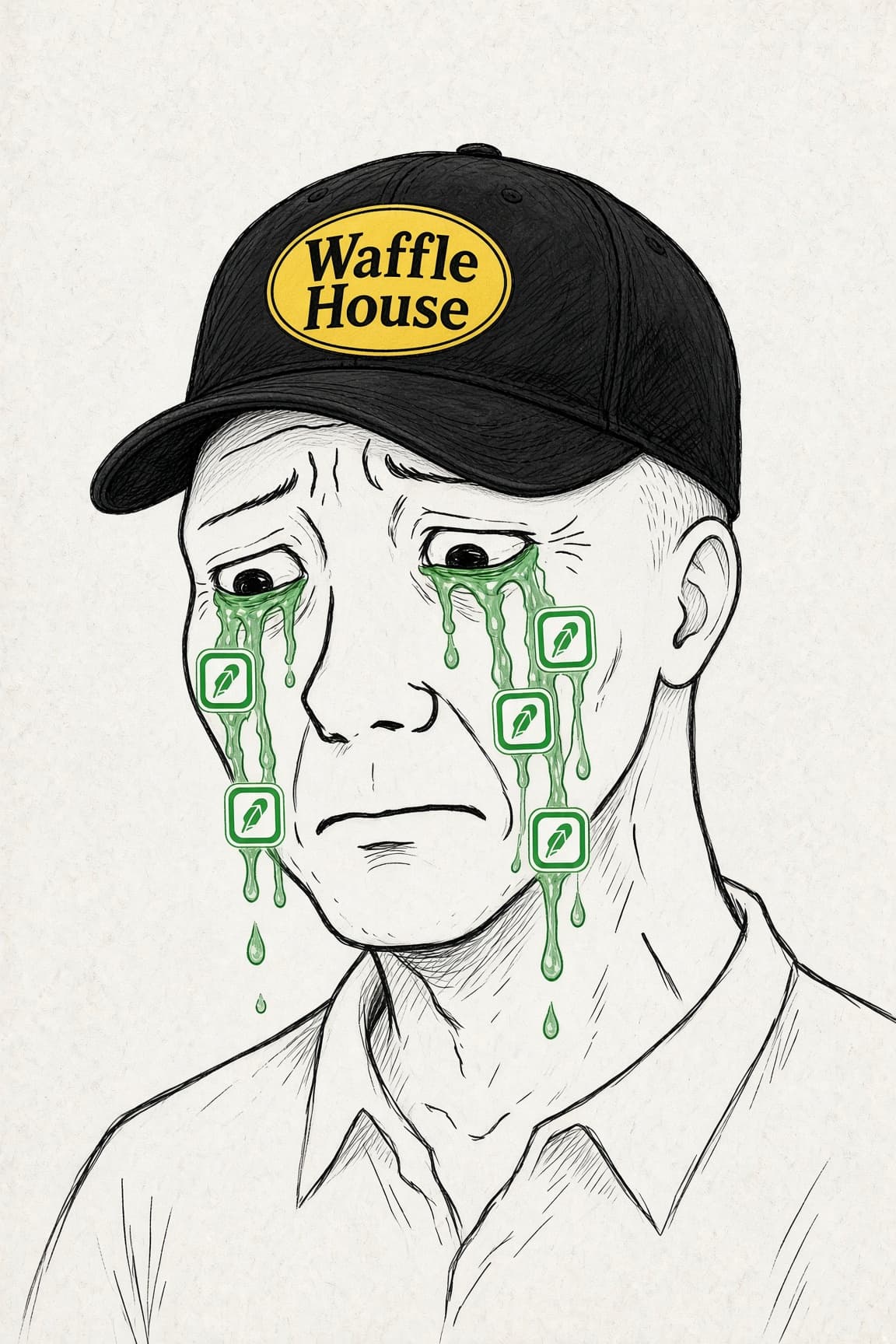 Wojack in a Waffle House cap, crying Robinhood-green tears of joy